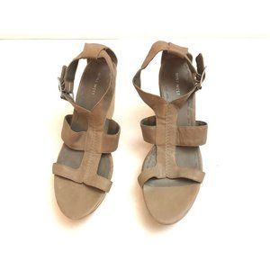 NINE WEST LEATHER TAUPE WEDGE SANDAL STRAPPY CORK PLATFORM SIZE 10 M US EUC